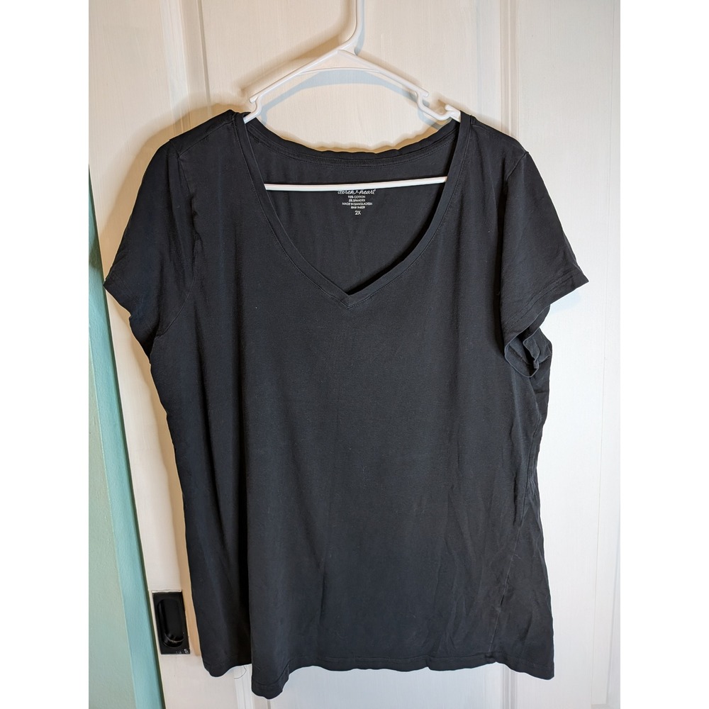 Derek Heart Womens Black V-Neck Short Sleeve T-Shirt Plus Size 2X Cotton Blend